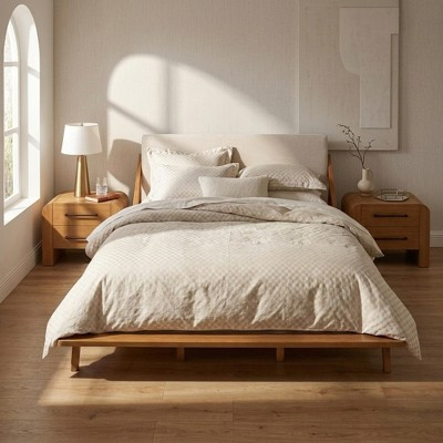 Christopher Knight Home Mena Modern King Size Acacia Wood Upholstered Platform Bed with 2 Wood Nightstands, Beige/Natural | Target