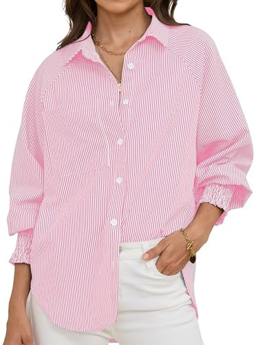 HOTEVE Pink Button Down Shirt Women Boyfriend Shirts for Blouses & Button-Down Womens Smocked Cuffed Striped Women's up Pink 31 Size M | Amazon (US)