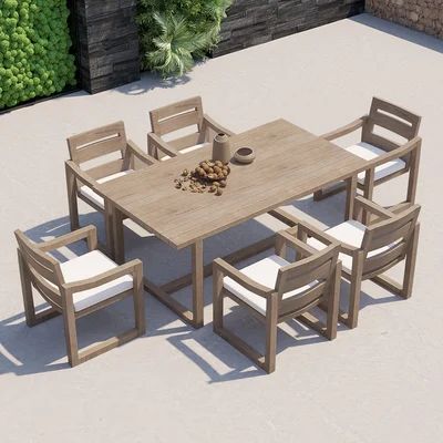 7 Pieces Modern Outdoor Dining Set with Rectangle Teak Wood Table and Chair in Natural-Homary | Homary