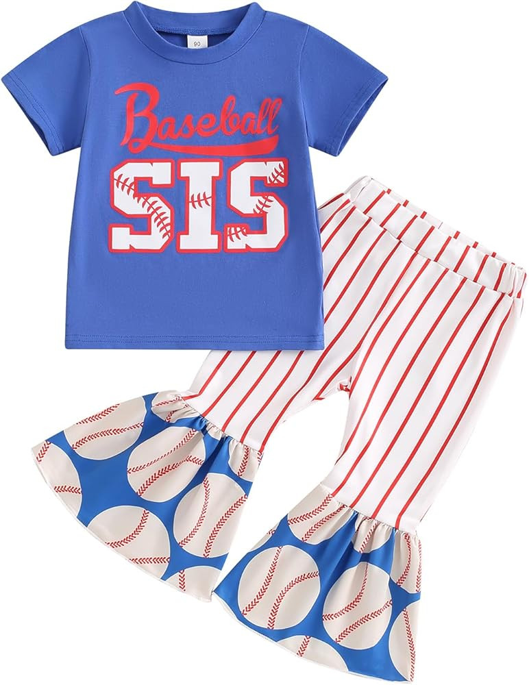 BULINGNA 2Pcs Toddler Baby Girl Summer Baseball Outfit Set Short Sleeve Baseball Sis T-Shirt Top ... | Amazon (US)