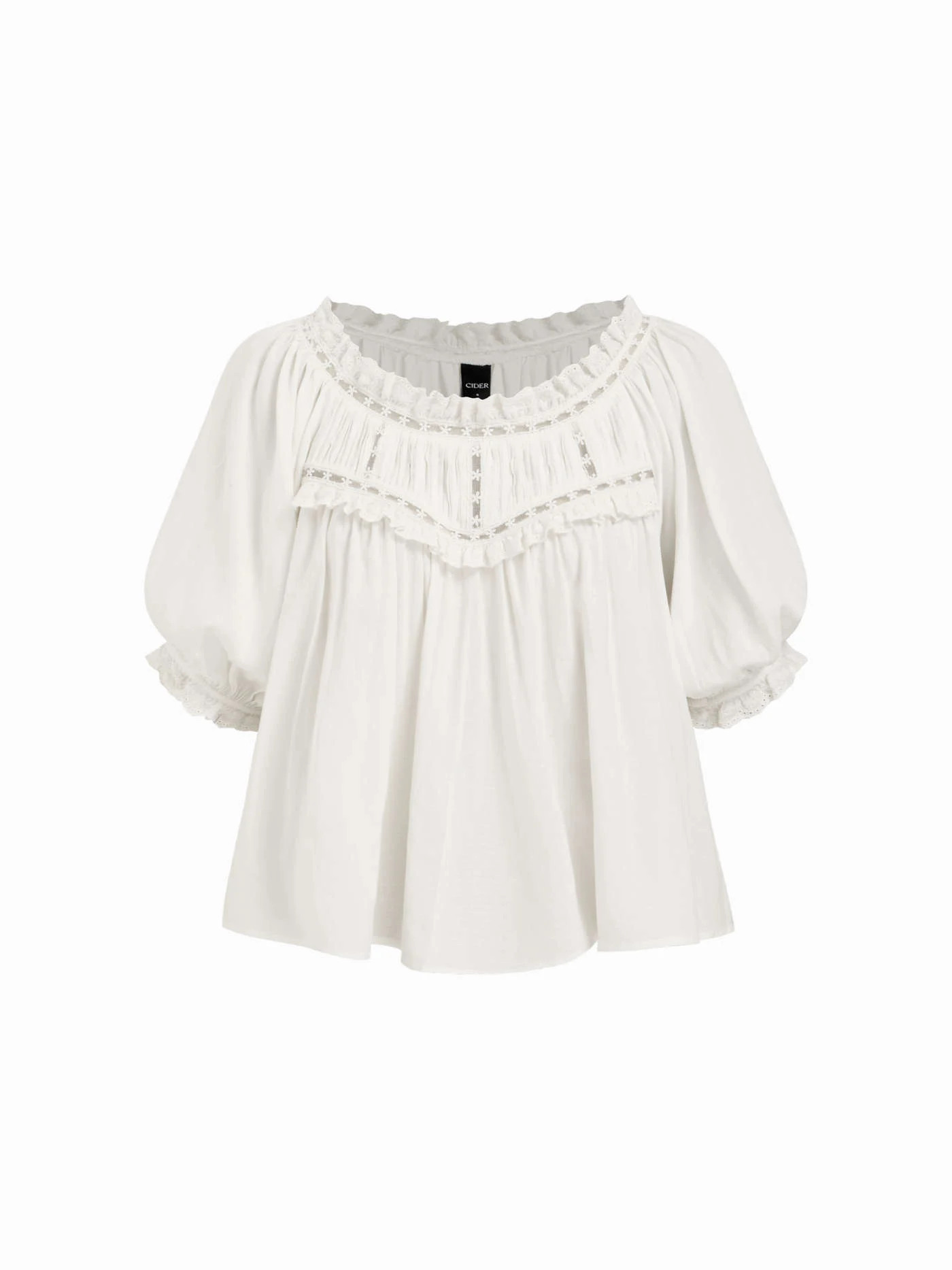 Linen-blend Ruffle Puff Sleeve Embroidery Oversized Blouse | Cider