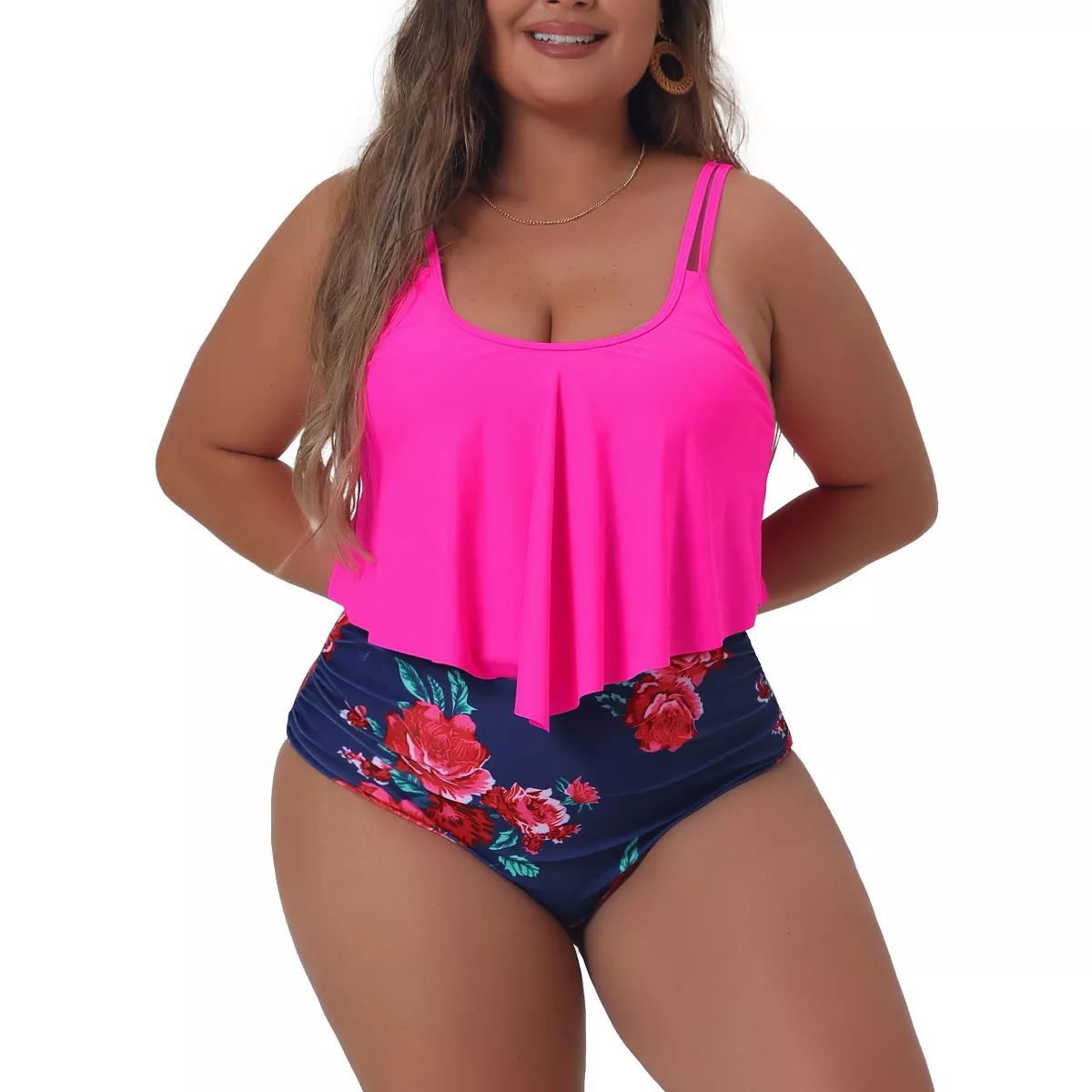 Agnes Orinda Women's Plus Size U-Neck Floral Print Ruched Two Piece Bikini Set | Target