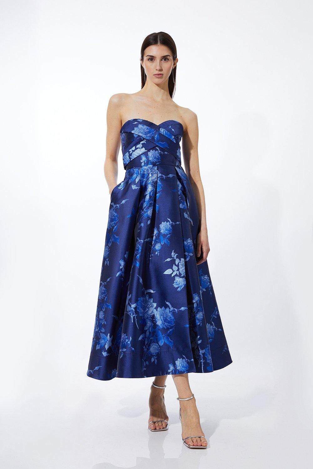 Jacquard Strapless Front Split Maxi Dress | Karen Millen US