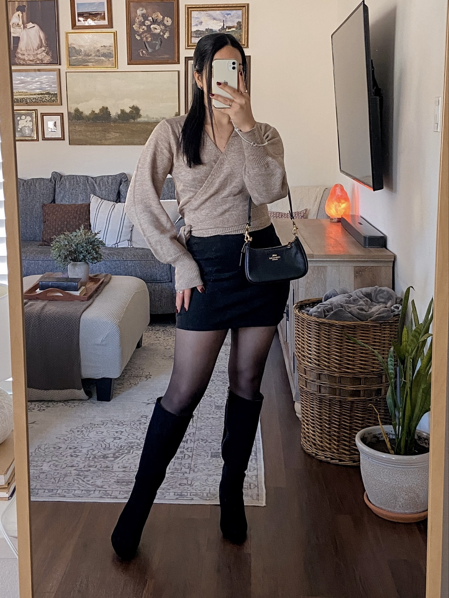 sweater weather but make it mini skirt weather! wearing this top in a size medium and it fits true to size. 💕 wrap tie sweater outfit, chic fall outfit, suede mini skirt outfit, knee high boots outfit, black sheer tights outfit, fall fashion 2025, cozy fall style, feminine fall outfit, elevated fall outfit, trendy autumn outfit, fall sweater outfit ideas, cute fall outfit inspo, amazon fall fashion finds, fall wardrobe staples, chic fall style inspiration, fall outfit aesthetic, autumn outfit ideas, classy fall look, fashionable fall outfits, pinterest inspired outfit, date night fall outfit, cozy chic style, fall accessories inspo, autumn outfit accessories, chic fall boots, stylish fall handbags, everyday fall accessories  

 #LTKCyberWeek #LTKGiftGuide #LTKHoliday
