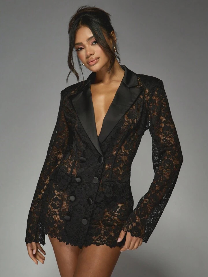 MISSGUIDED Valentine's Contrast Satin Lapel Collar Sheer Scalloped Lace Double Breasted Blazer Mi... | SHEIN