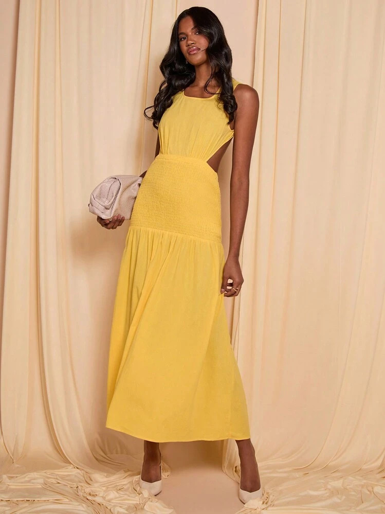 COSMINA Vestido largo minimalista casual sin mangas de unicolor con diseño calado para mujer | SHEIN