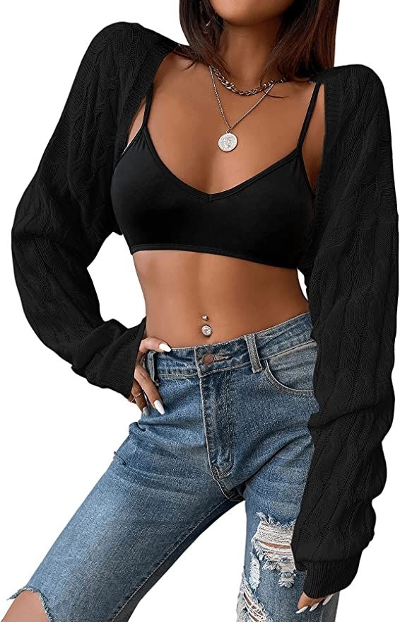 SweatyRocks Women's Long Sleeve Open Front Knit Crop Cardigan Sweater | Amazon (US)