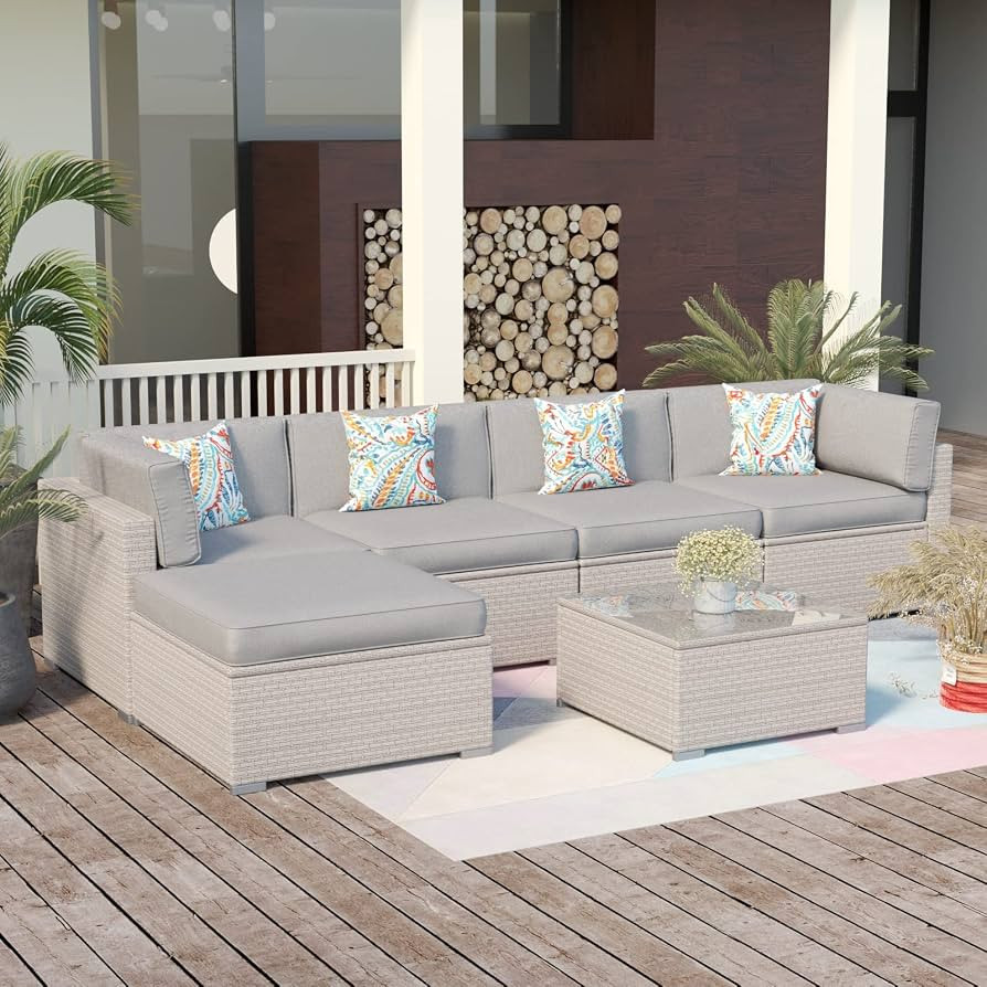 SUNBURY 6-Piece Outdoor Sectional Wicker Sofa in Pearl Gray w 4 Pillows, Elegant Patio Furniture ... | Amazon (US)