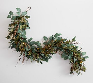 Faux Lit Eucalyptus and Green Berry Wreath &amp; Garland | Pottery Barn (US)