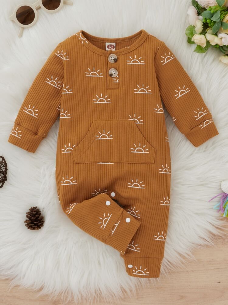 Baby Sun Print Ribbed Knit Kangaroo Pocket Jumpsuit | SHEIN