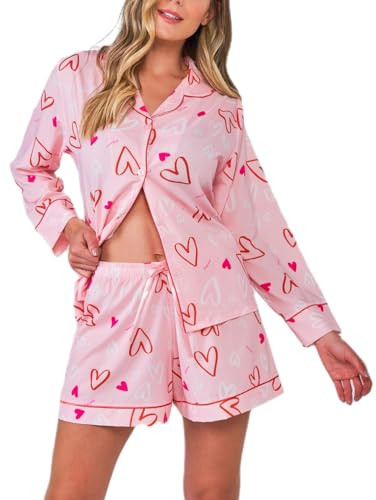 LILTWIST Valentine's Day Heart Pajamas for Women Cute Bow Print Matching 2 Piece Pjs Sets Long Sleeve Shirt Lounge Shorts Set Pink | Amazon (US)