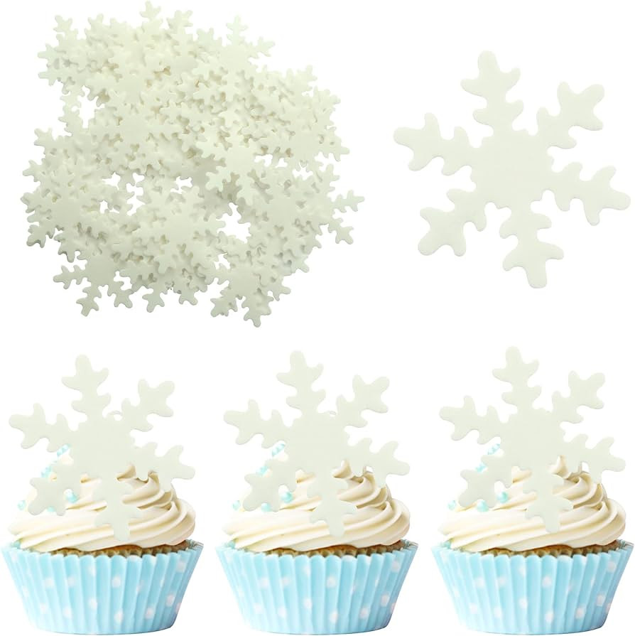 50Pcs White Edible Snowflake Cupcake Toppers Snowflakes Cake Topper Decorations for Christmas Win... | Amazon (US)