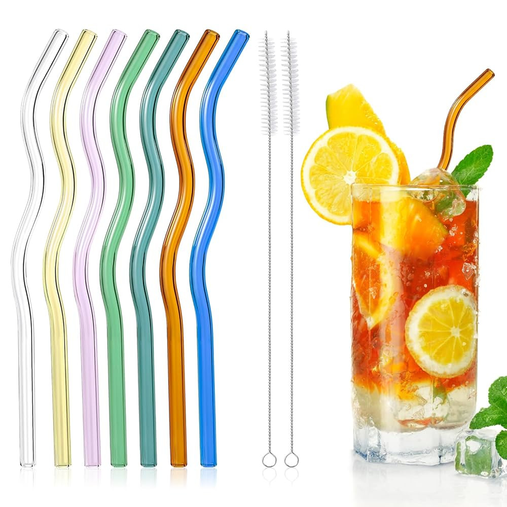 7Pcs Reusable Colorful Wavy Glass Straws - 8.5"x8mm Shatter Resistant Glass Straw with 2 Clening ... | Amazon (US)