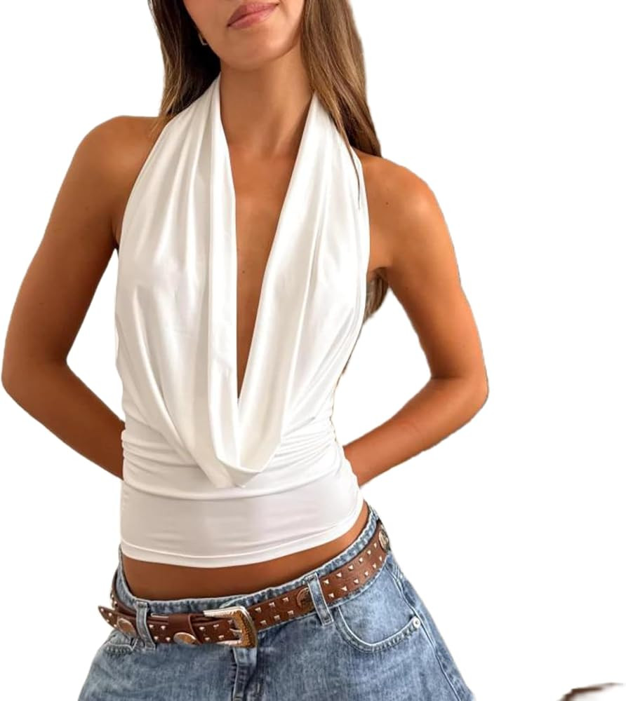Womens Halter Tank Tops Sexy Sleeveless Backless Cowl Neck Low Cut Summer Y2k Going Out Cami Tops | Amazon (US)