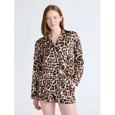 Joyspun Women’s Stretch Satin Notch Long Sleeve Top and Shorts Pajama Set, 2-Piece, Sizes XS-3X | Walmart (US)