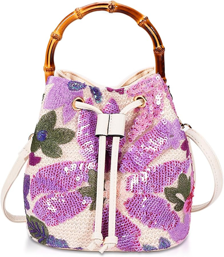 Crossbody Bags for Women, Beach Bag, Hand Embroidered Tot Bag, Natural Bamboo carry handle Bucket... | Amazon (US)