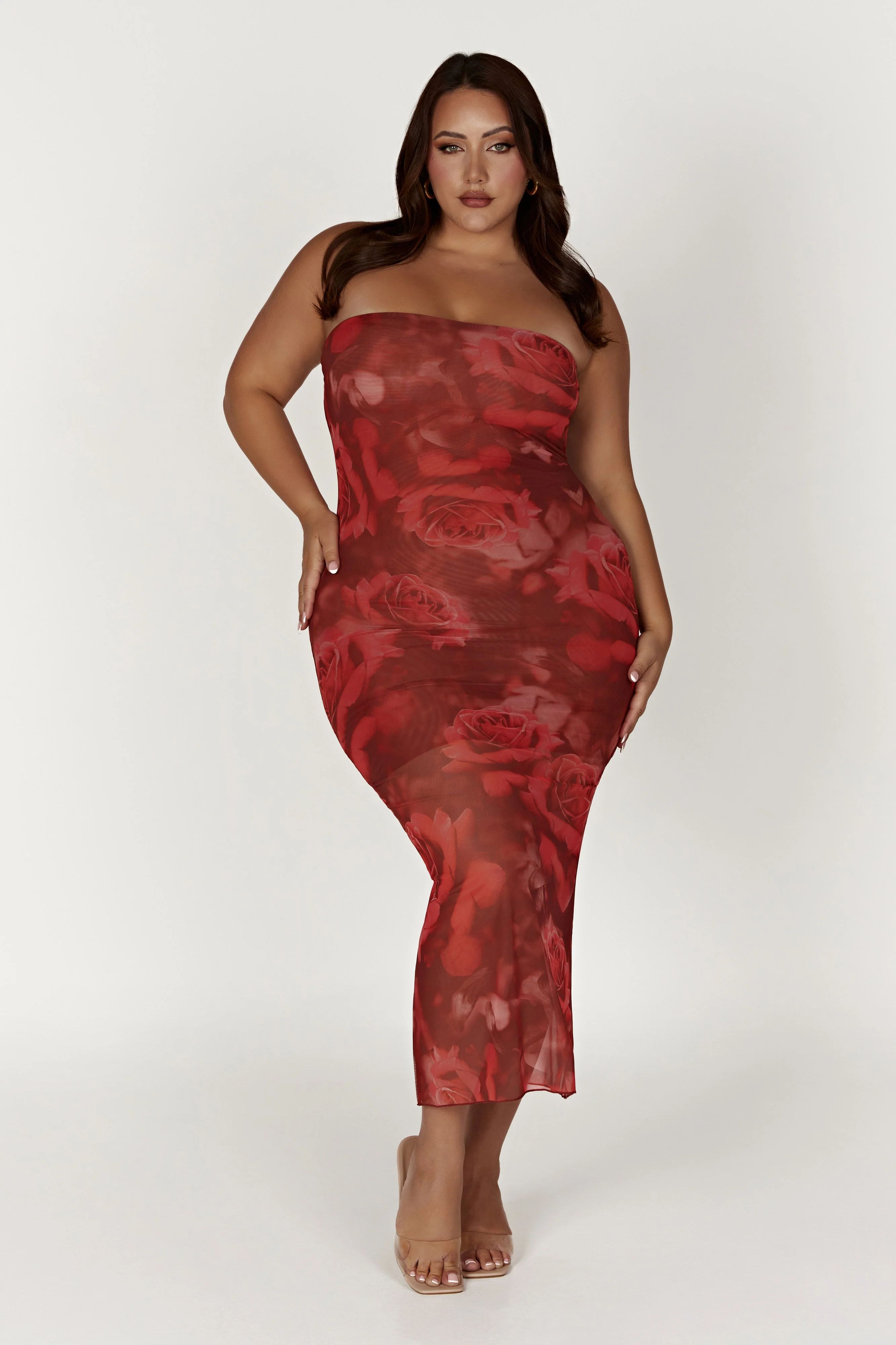 Aphrodite Strapless Mesh Dress - Oversized Rose Print | MESHKI US