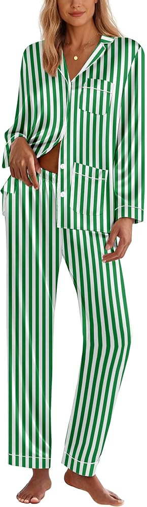 Ekouaer Silk Pajamas for Women Classic Button Down Satin Pajama Sets Long Sleeve Lounge Set | Amazon (US)