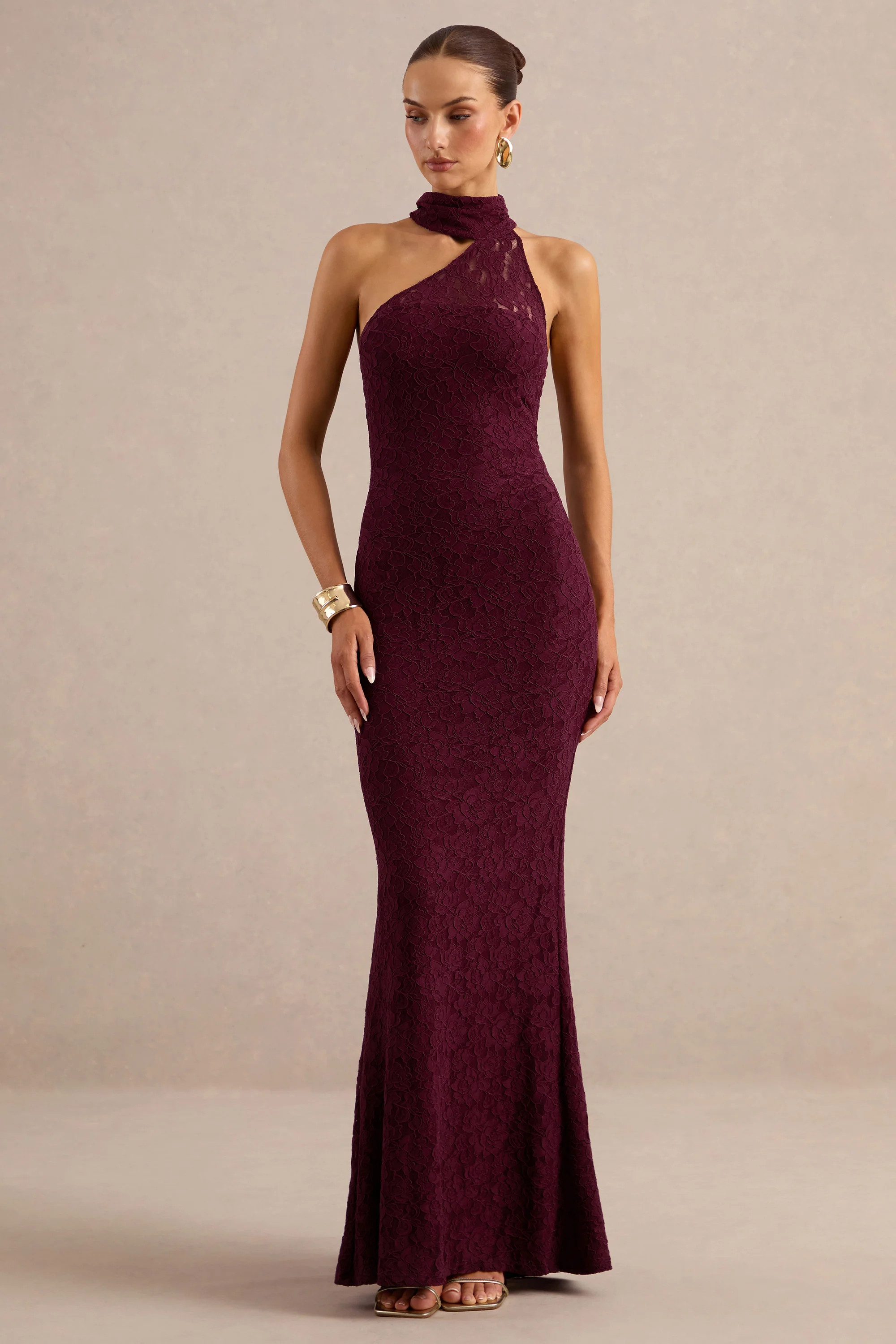 Almaria | Burgundy Lace Asymmetric-Neck Maxi Dress With Collar-Detail | Club L London