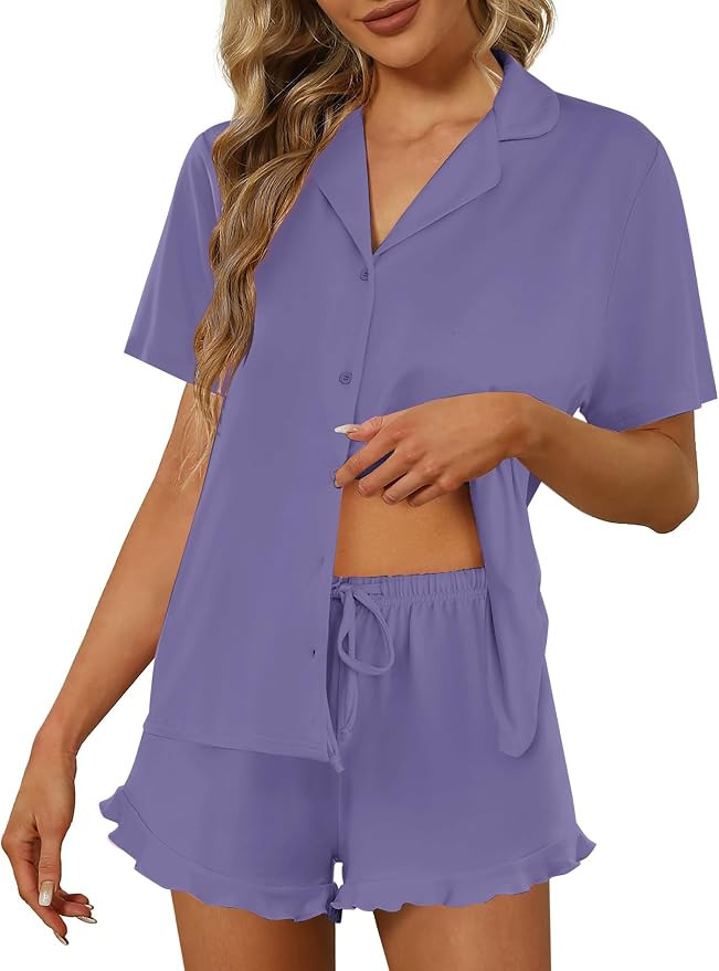 Ekouaer Pajamas Set for Women Short Sleeve Sleepwear Button Down Ruffle Pjs | Soft Pjs Shorts Set... | Amazon (US)