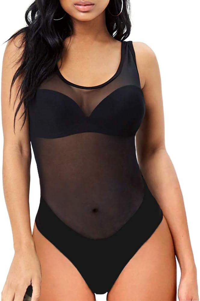 MANGOPOP Women's Round Neck Sleeveless T Shirt Tank Top Bodysuits Jumpsuits | Amazon (US)