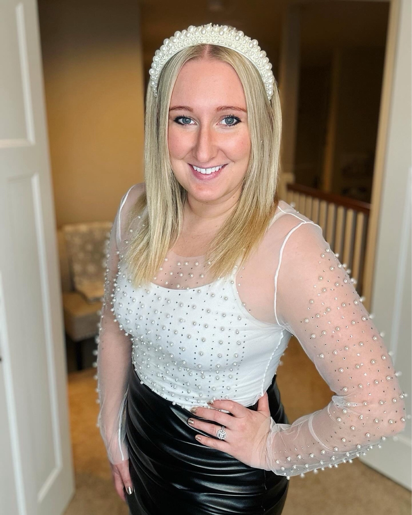 Happy New Year! ✨🎉 (almost!) 
I had to try one of these sheer rhinestone pearl tops! It definitely feels weird at first, but you get used to it! Overall, a cute top that I definitely love! I found the most perfect headband on Amazon to match and added a simple white cami underneath and my favorite skirt! ✨ This top if available for one day delivery with prime so it could even get to you in time for New Year's Eve!

#LTKparties #LTKHoliday #LTKstyletip