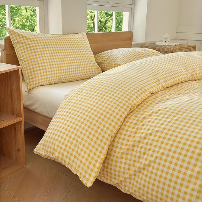 NSNLGSGC Yellow Gingham Grid Duvet Cover Set King, 100% Washed Cotton Plaid Comforter Cover Set, ... | Amazon (US)