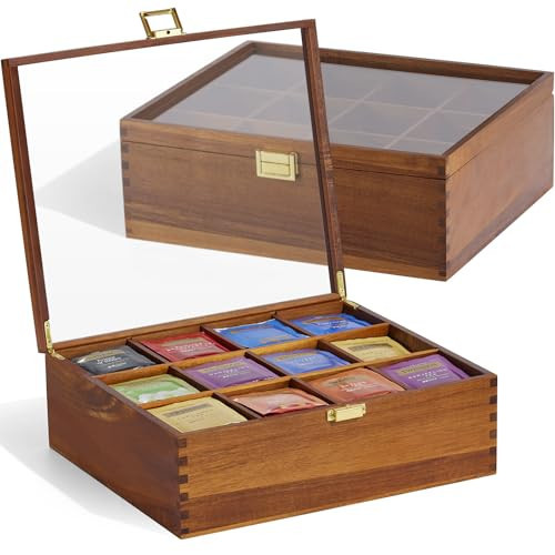 Tea Bag Organizer, Acacia Wood Tea Organizer Box, 12 Compartments Tea Organizer for Tea Bags with Clear Glass Window, Tea Bag Holder for Countertop Kitchen Cabinet Pantry - Keeps Tea Bags Fresh | Amazon (US)