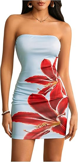 WDIRARA Women's Floral Print Mini Tube Dress Summer Strapless Sleeveless Bodycon Dresses | Amazon (US)