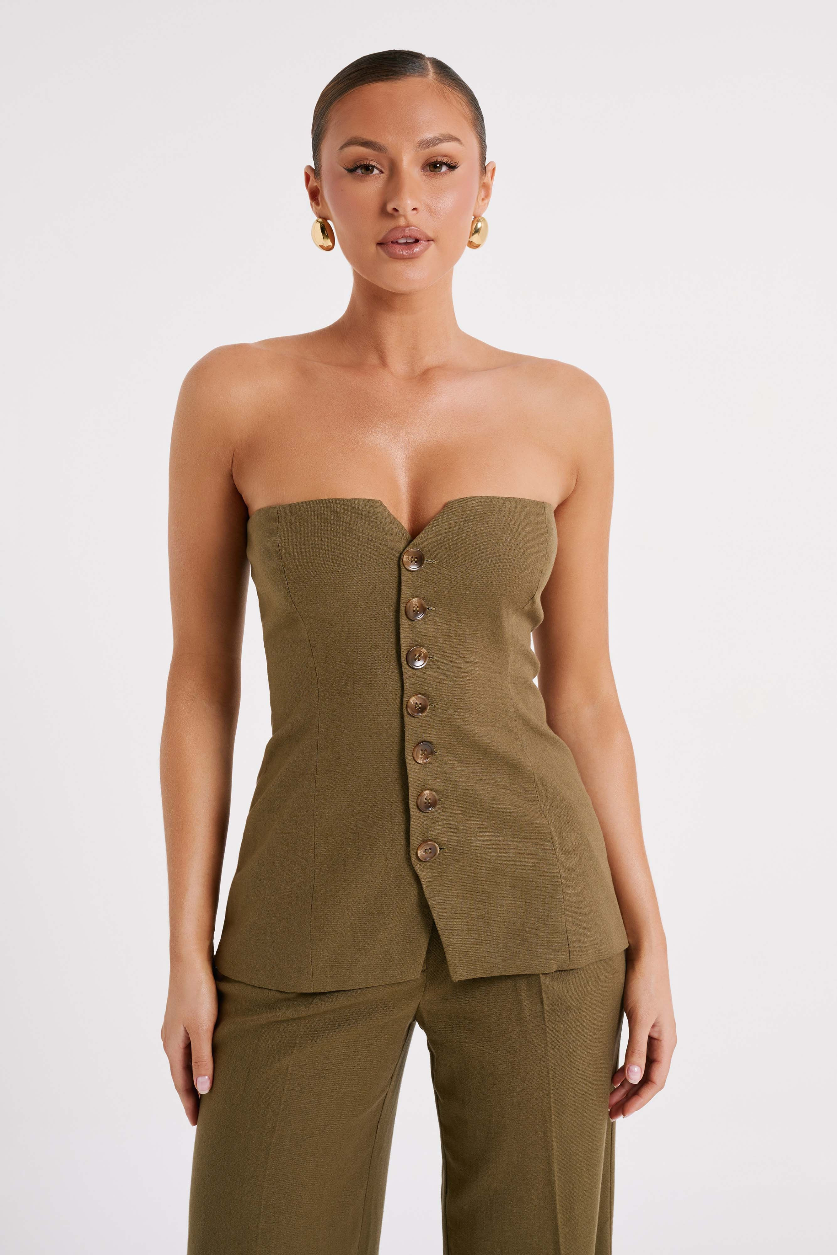 Innis Linen Longline Strapless Top - Olive | MESHKI US