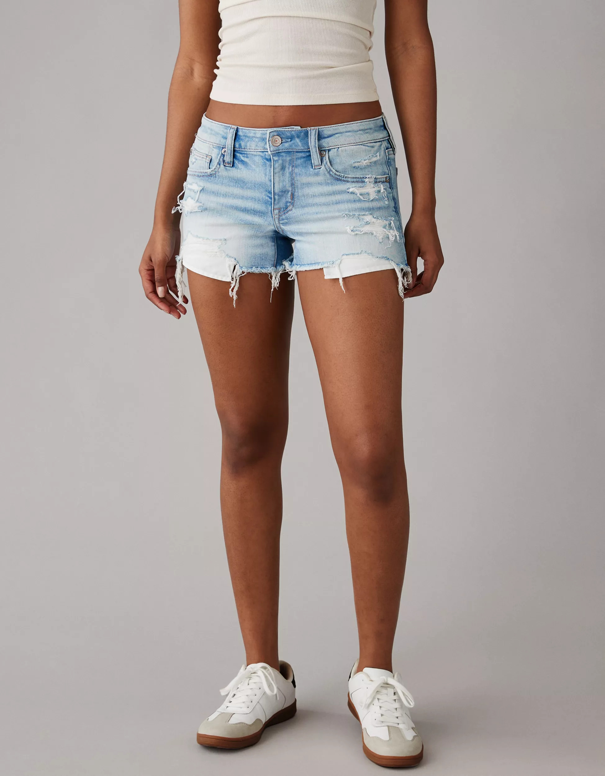AE Next Level Super Low-Rise Ripped Denim Short Short | American Eagle Outfitters (US & CA)