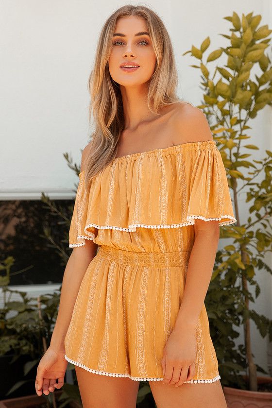 See Ya There Mustard Yellow Print Off-the-Shoulder Romper | Lulus (US)