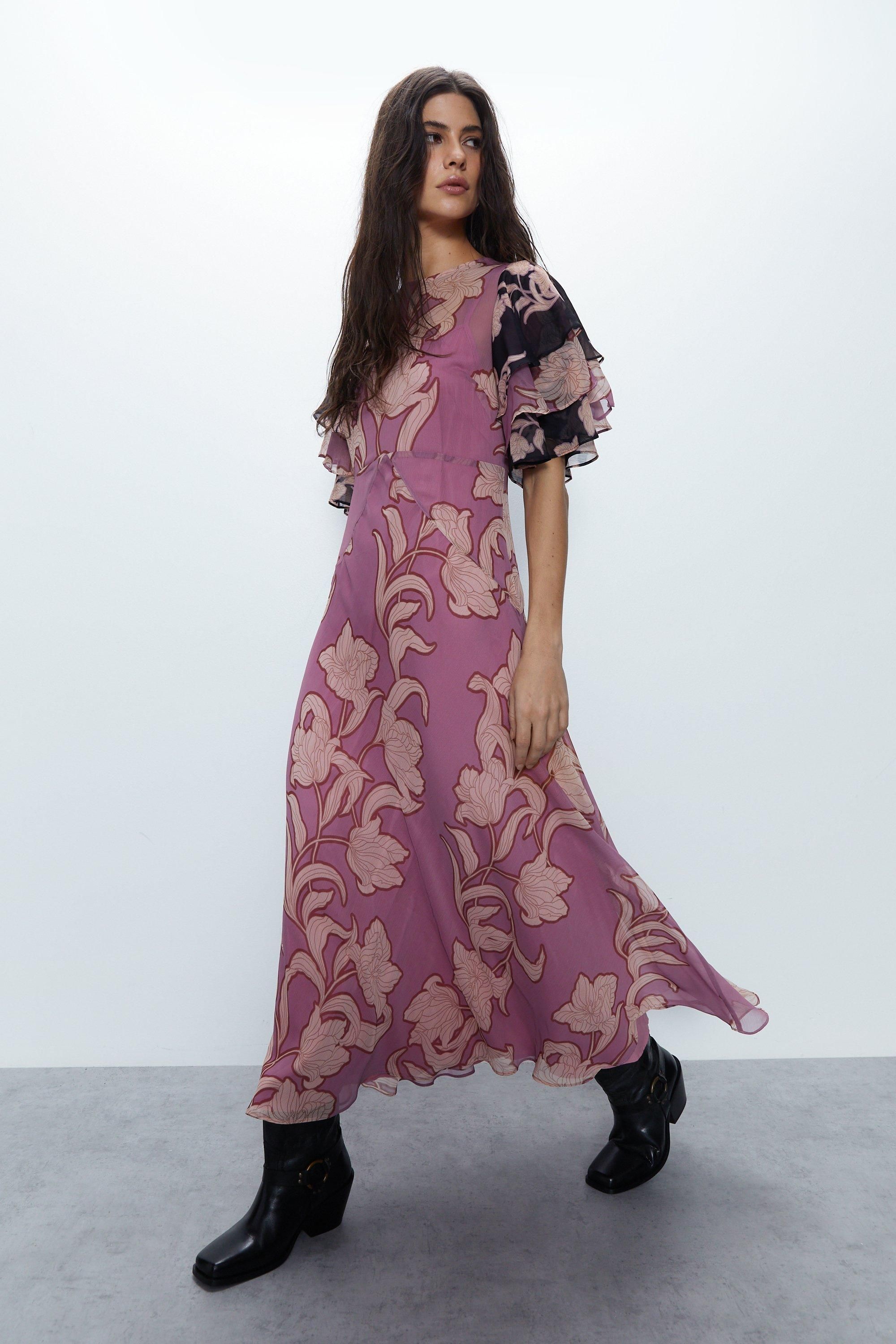 Shadow Floral Angel Sleeve Midi Dress | Warehouse UK & IE