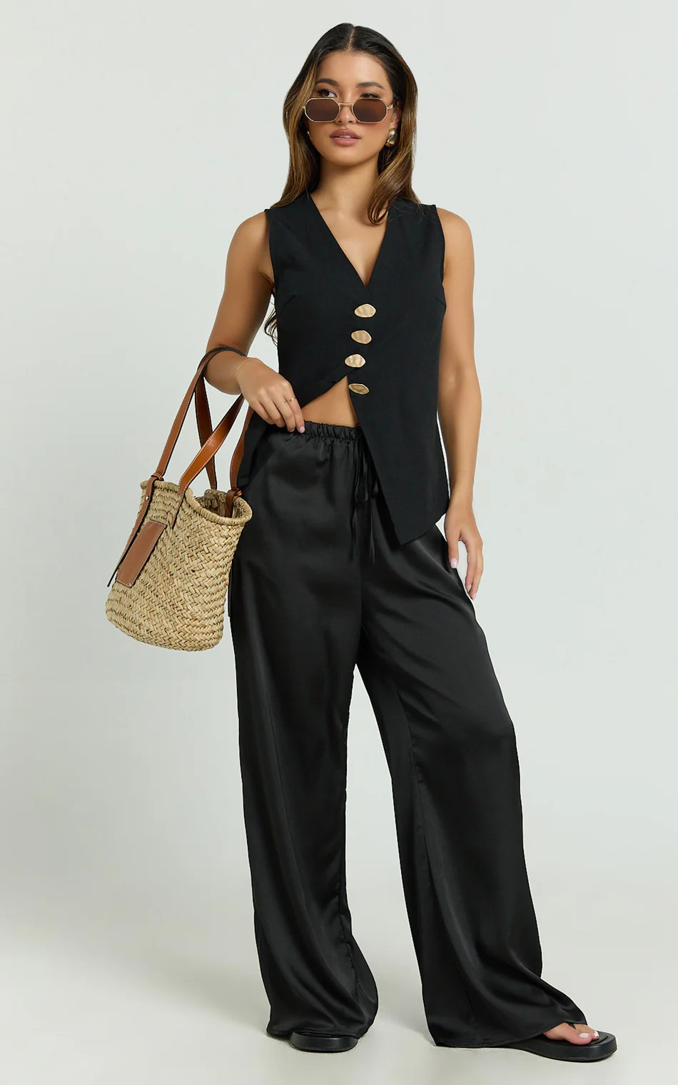 Myrna Two Piece Set - Gold Hardware Waistcoat Top and Relaxed Satin Pants Set in Black | Showpo (ANZ)