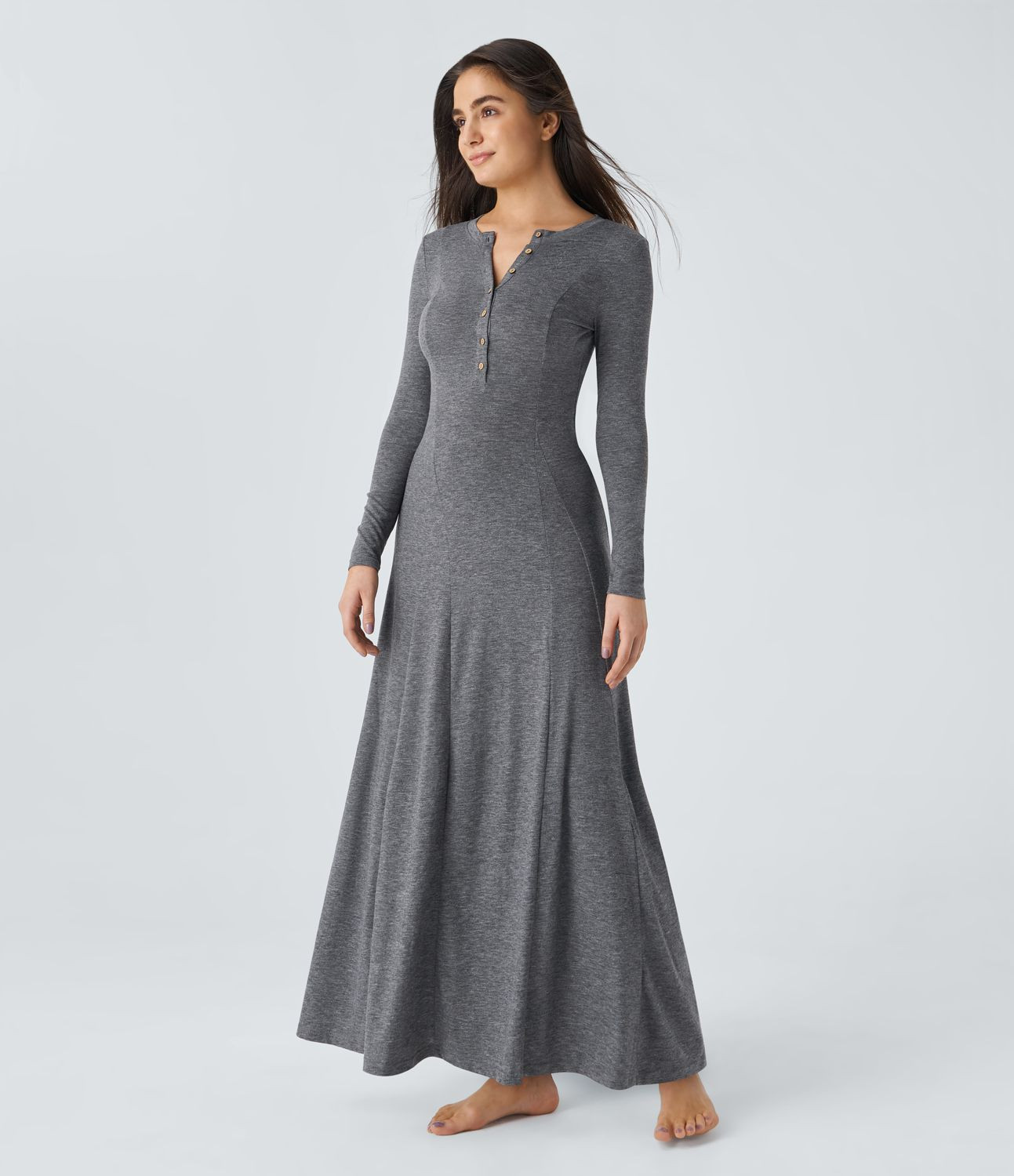 Women’s Round Neck Button Long Sleeve Flare Maxi Casual Dress - Halara | HALARA