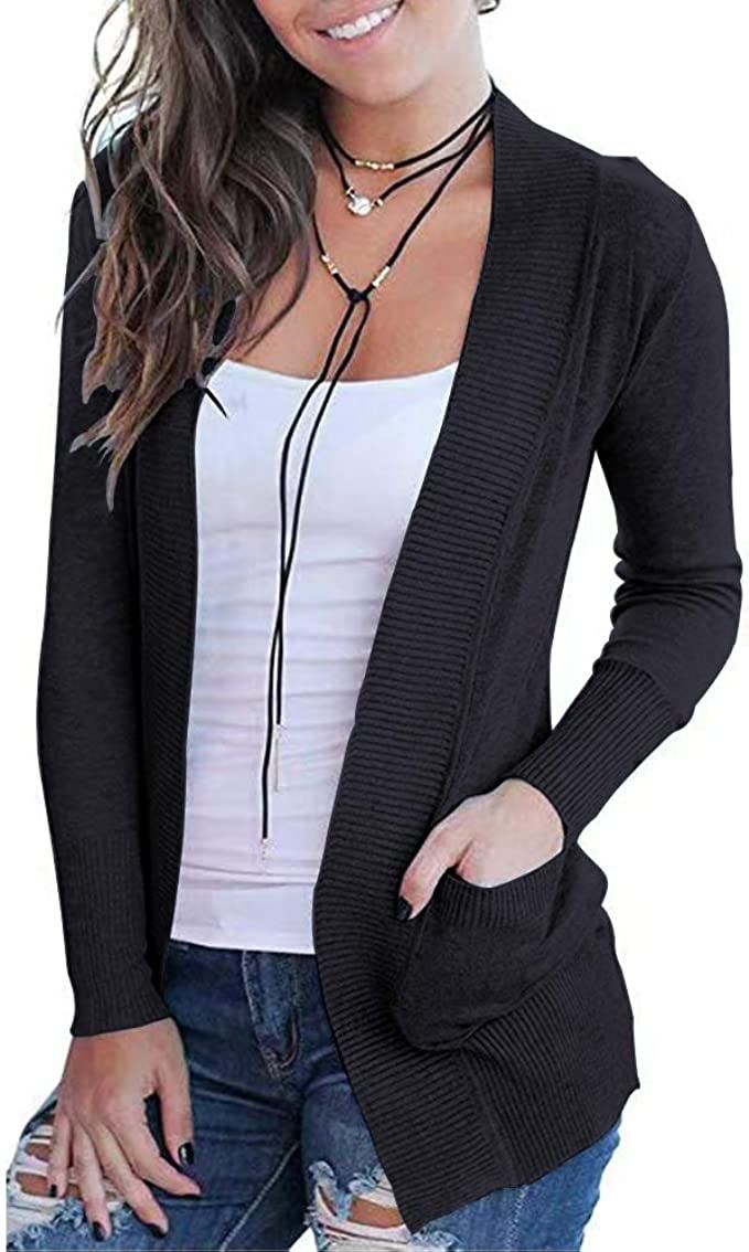 VOIANLIMO Women's Open Front Casual Long Sleeve Knit Classic Sweaters Cardigan with Pockets | Amazon (US)