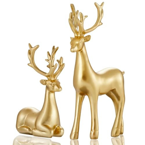 2Pcs Christmas Resin Deer Figurine, Sitting and Standing, Golden Reindeer Figurines. Perfect for Rustic Christmas Home Decor, Around The Dining Table, Fireplace or Bedroom (Gold) | Amazon (US)