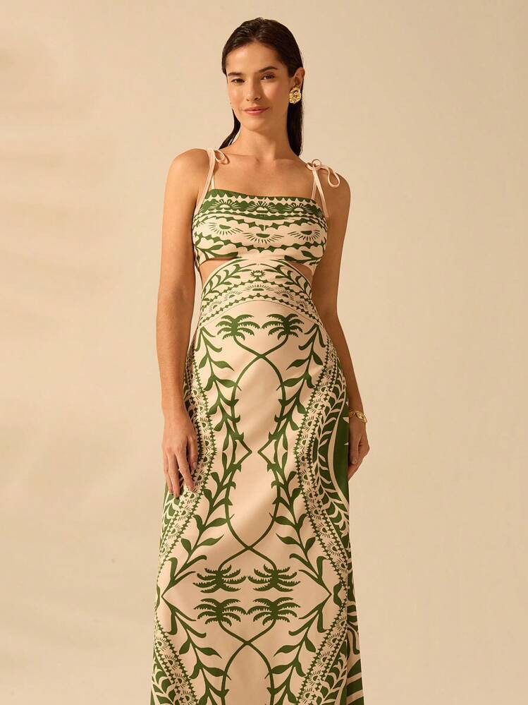 CAJUNI Women Boho Green Coconut Tree Print, Hollow Waist Back Binding Sleeveless Dress, Holiday Casual Summer Dress | SHEIN