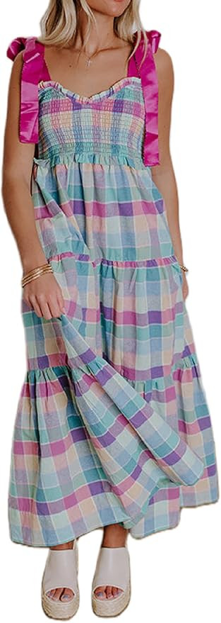Women Bohemain Floral Maxi Dress Square Neck Bow Tie Shoulder Flowy Dress Ruffled Tiered Summer B... | Amazon (US)