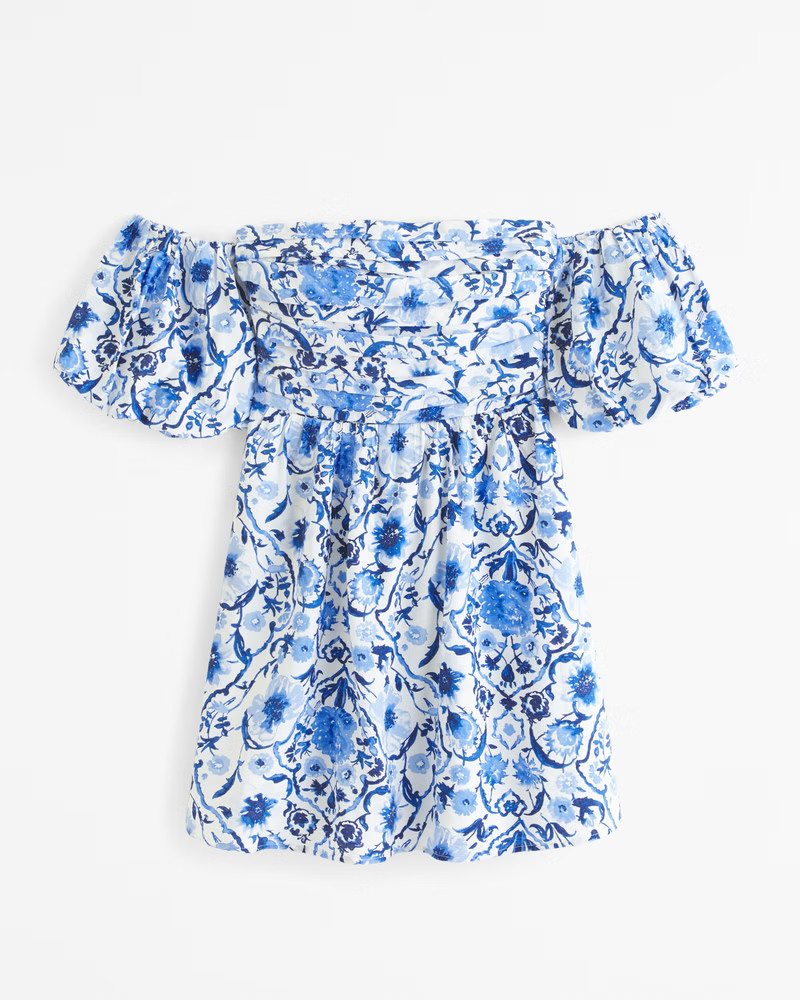 Abercrombie & Fitch Women's The A&F Emerson Off-The-Shoulder Mini Dress in Blue Floral - Size S | Abercrombie & Fitch (US)