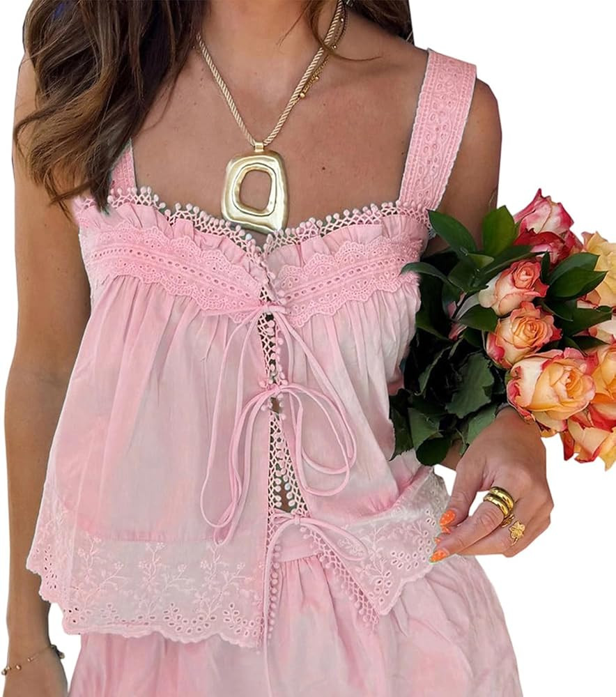 Women Y2K Lace Tie Front Tank Top Boho Eyelet Sleeveless Camisole Crop Vest Peplum Babydoll Going... | Amazon (US)