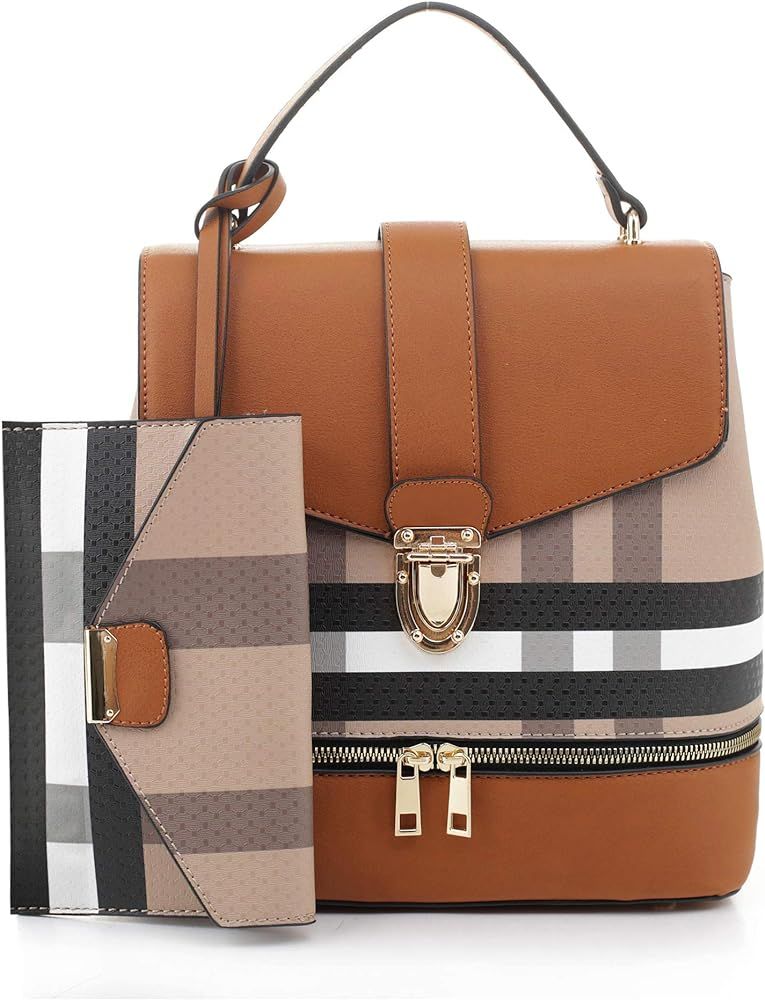 Amazon.com: Fashion Casual Faux Leather Shoulder Bag Mini Backpack School Bag for Women 2pc | Bro... | Amazon (US)