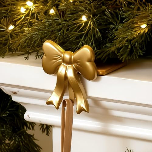 MorningRo 4 Pcs Gold Bow Christmas Stocking Holder Heavy Duty Cast Iron Gold Christmas Bow Stocking Holder Xmas Home Metal Decoration for Mantle Fireplace Shelf Staircase Decoration(Classic) | Amazon (US)
