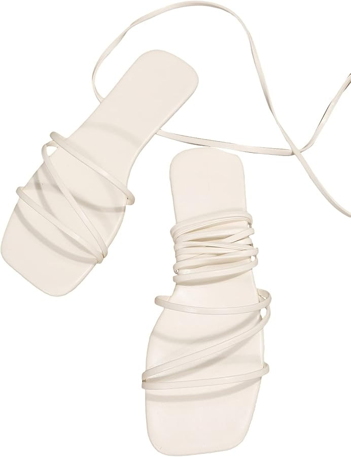 GORGLITTER Lace Up Strappy Flat Sandals Ankle Wrap Open Toe Leather Slide Shoes | Amazon (US)