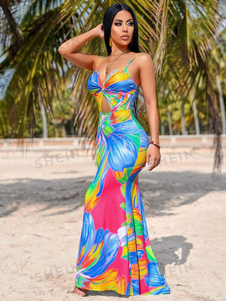 SHEIN SXY Women's Waist Hollow Tropical Plant Print Cami Dress | SHEIN