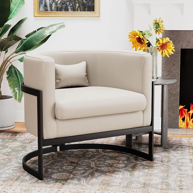 Faux Leather Accent Chair Modern Barrel Chair Upholstered Armchair for Living Room Bedroom Single... | Amazon (US)