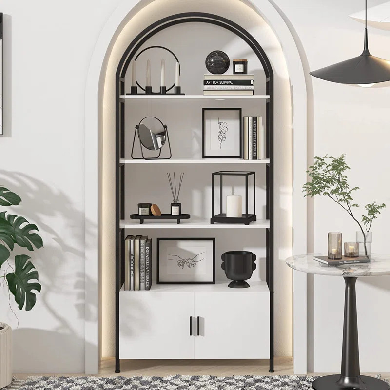 Gretlies Gold Bookshelf Arched Bookcase With Doors Hidden Storage Luxury Sideboard | Wayfair North America