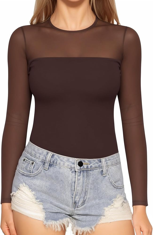 MANGOPOP Sheer Long Sleeve Shirts for Women Crew Neck Fitted Mesh Tops Trendy Going Out Fall Fash... | Amazon (US)