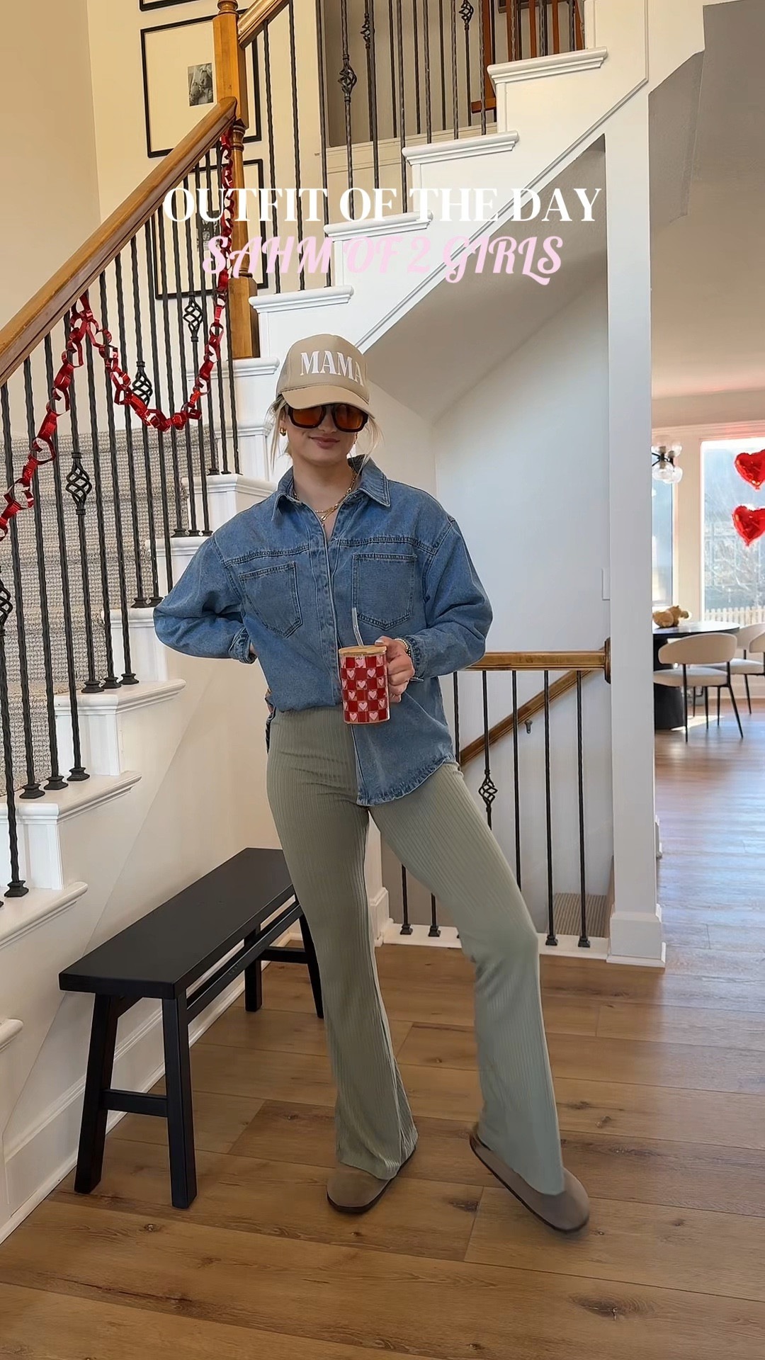 Mom fashion // postpartum outfit // comfy and cute // denim shirt // green pants // Amazon sunglasses // outfit inspo for spring 