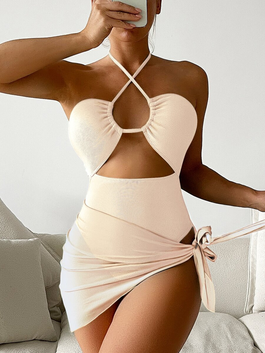 HomeWomen ClothingWomen BeachwearWomen SwimwearWomen One-PiecesCut-out Criss Cross Halter One Pie... | SHEIN